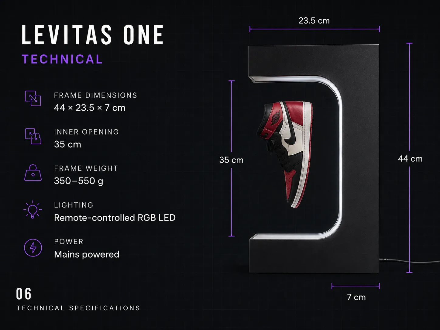 LEVITAS One technical specifications — frame dimensions, inner opening, lighting and power